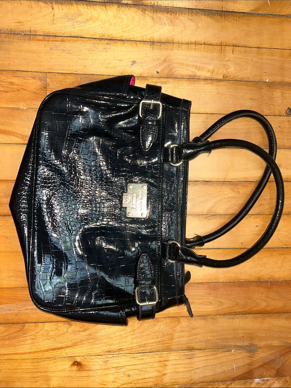 Anne Klein Black Croc-Embossed Patent Tote Bag